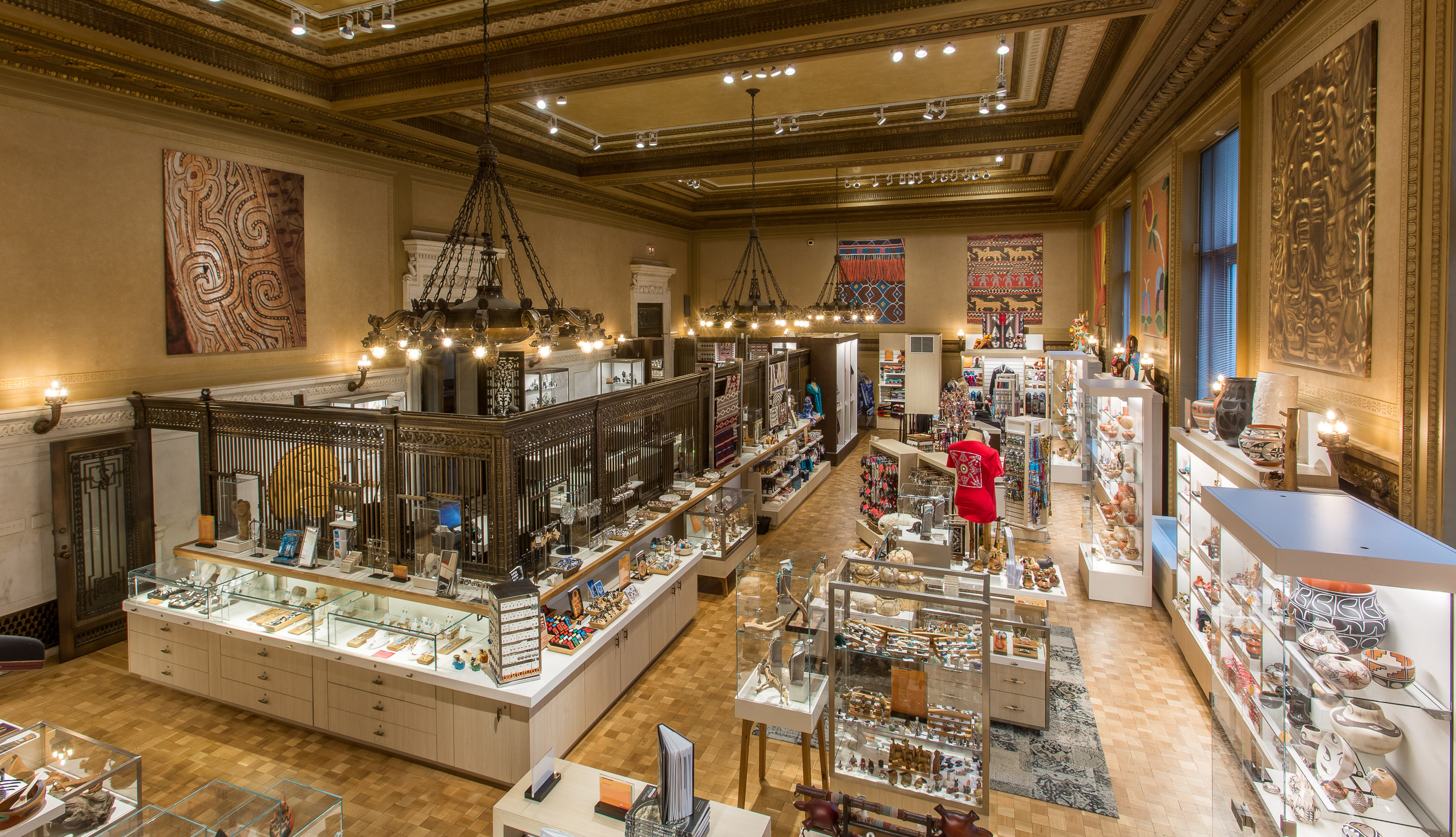 Interior elevated view of a museum shop.