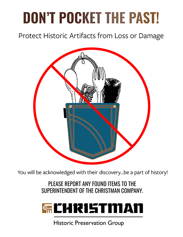 Image of poster with a pocket and utensils, comb with a red circle and line across the image.