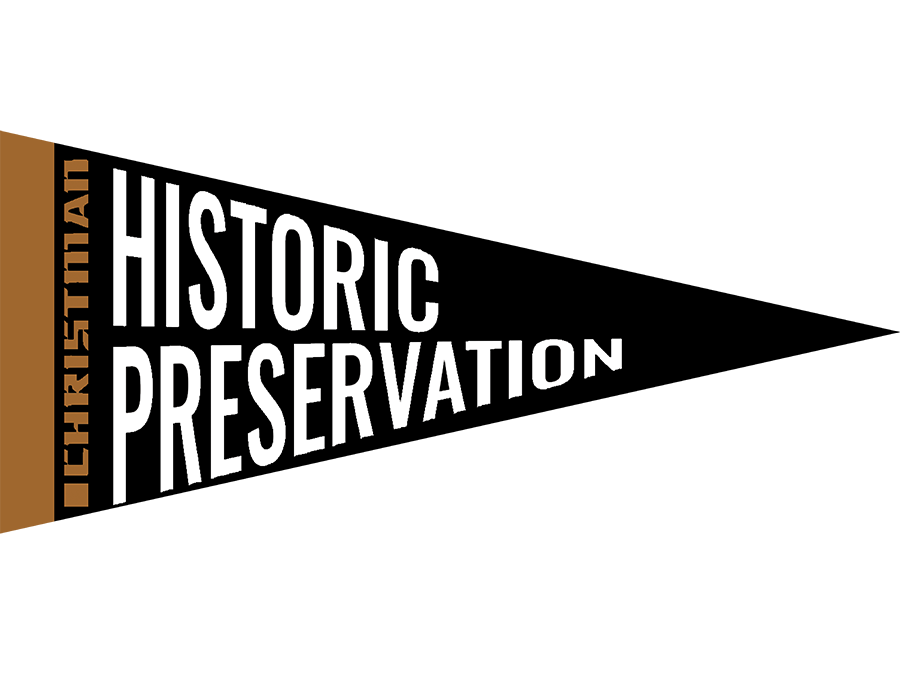 Image of sticker that looks like a flag with text Christman Historic Preservation
