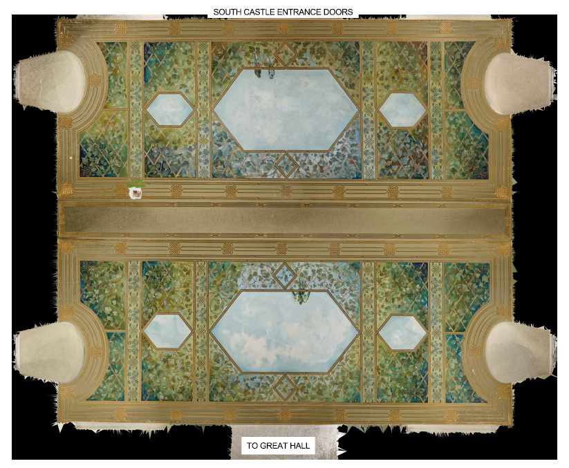 South Castle Entrance Doors and To Great Hall with decorative paint scheme of the ceiling