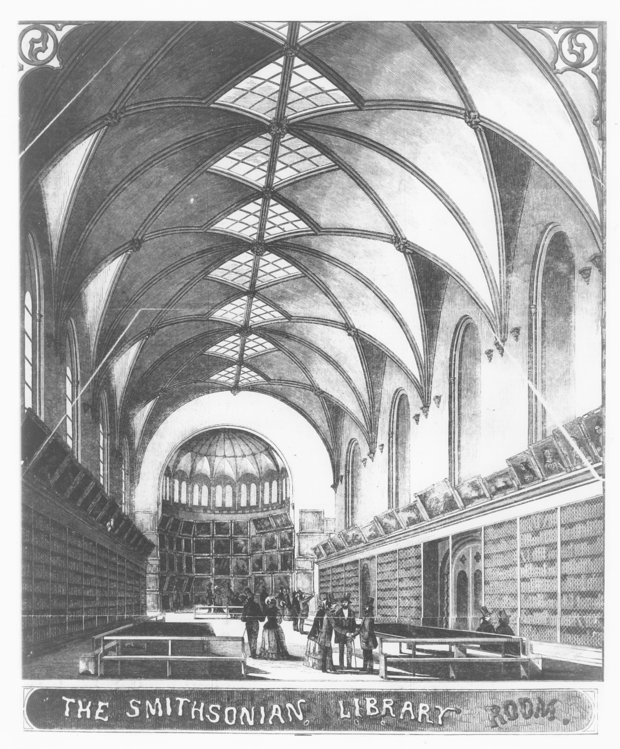 1853 printed drawing of the Smithsonian Library Room.