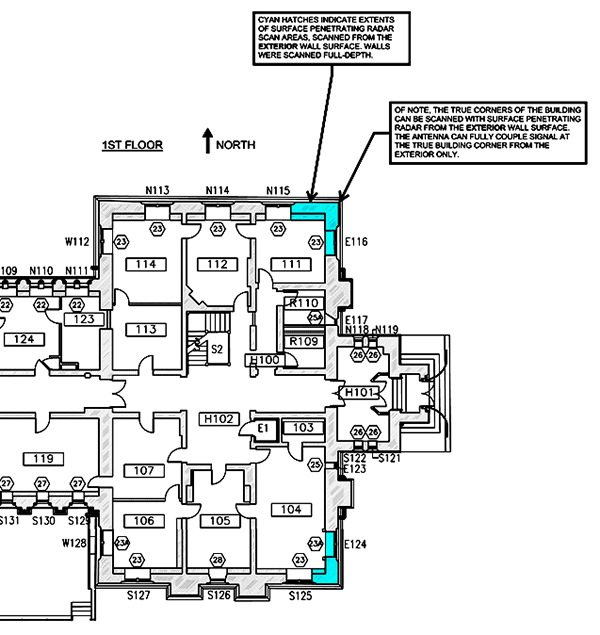 Fig. 3 East Wing ground level: SPR scan locations are highlighted in cyan.