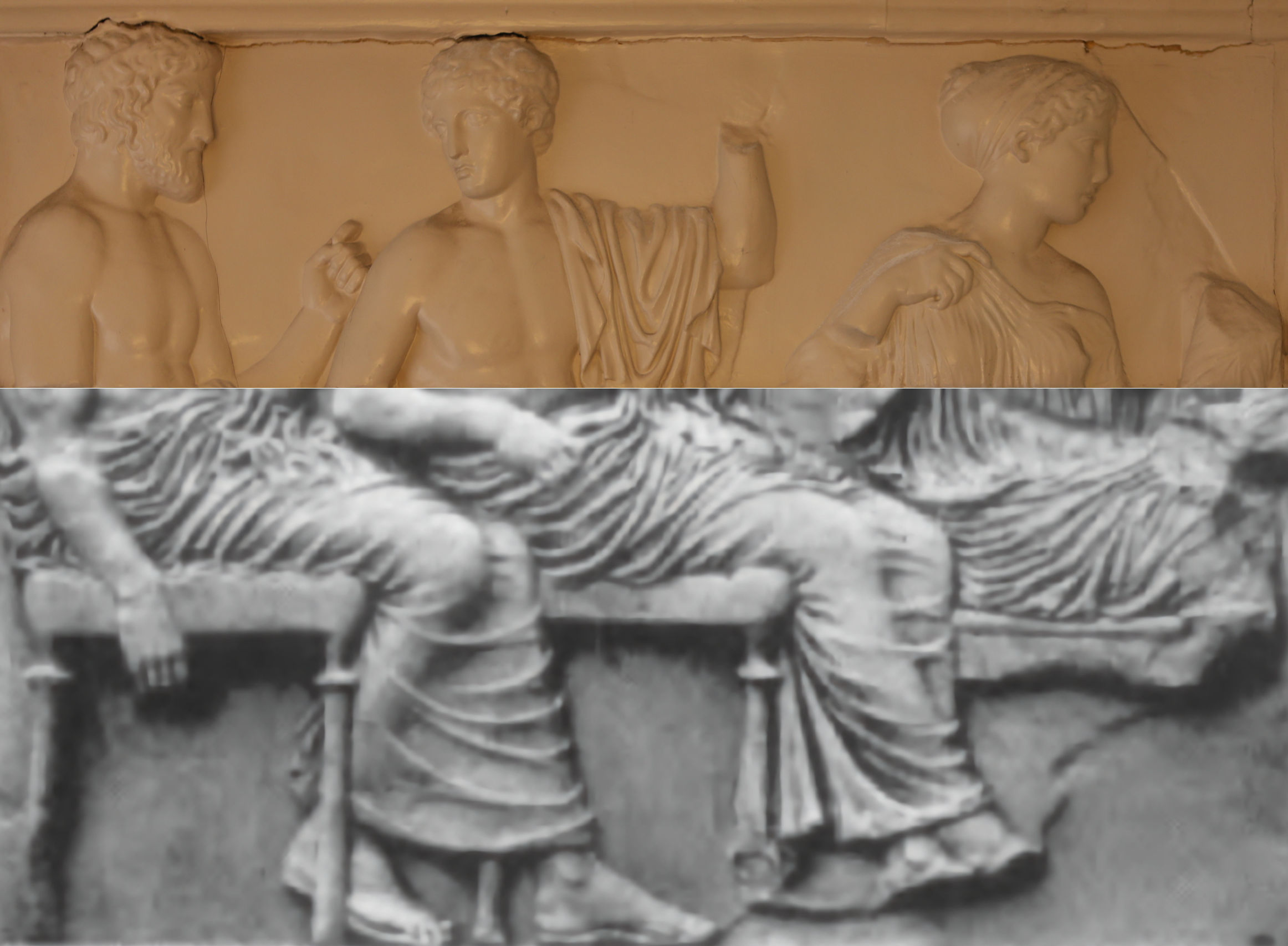 Comparison image of the original frieze panel and the restored panel.