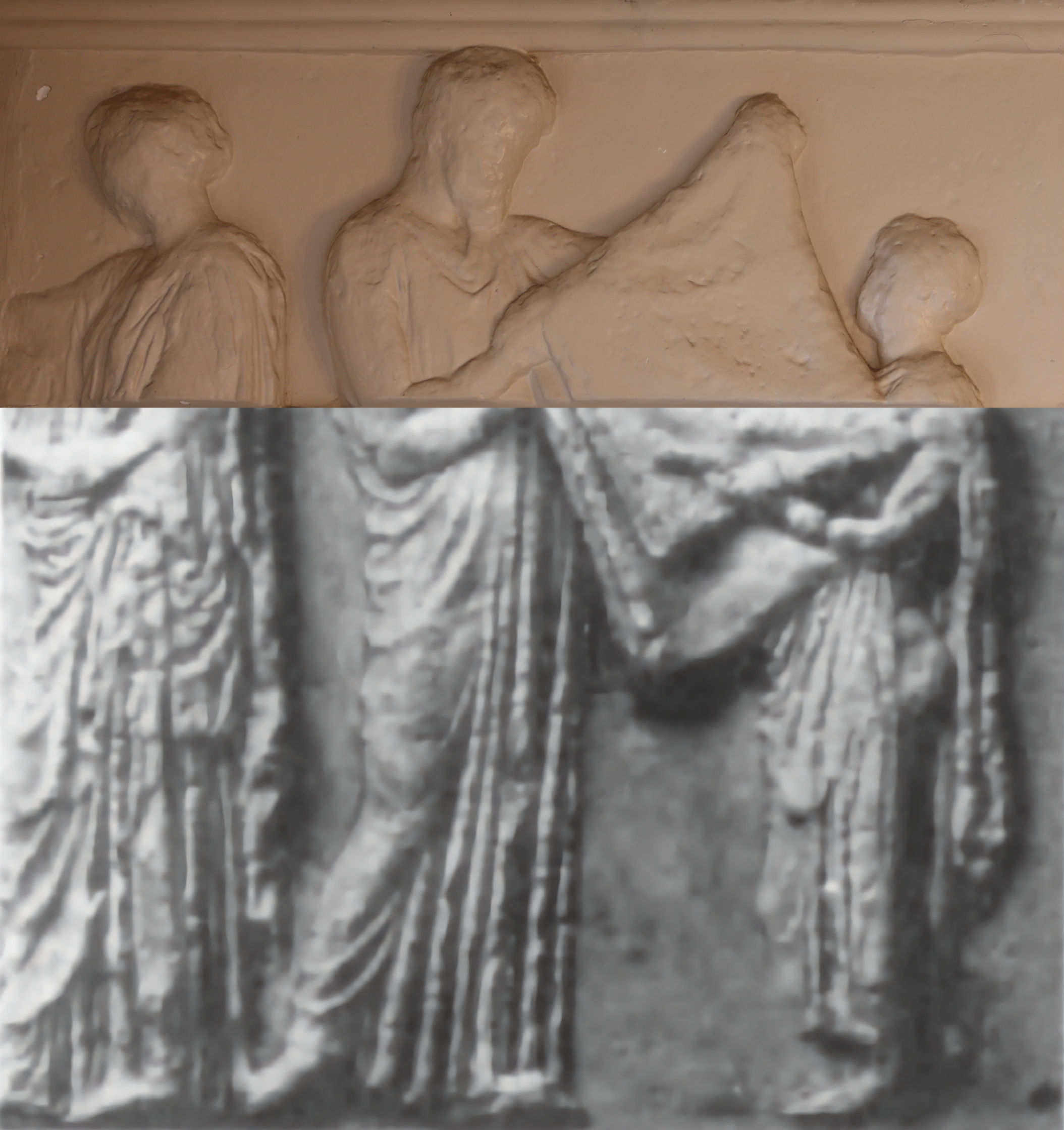 Comparison image of the original frieze panel and the restored panel.