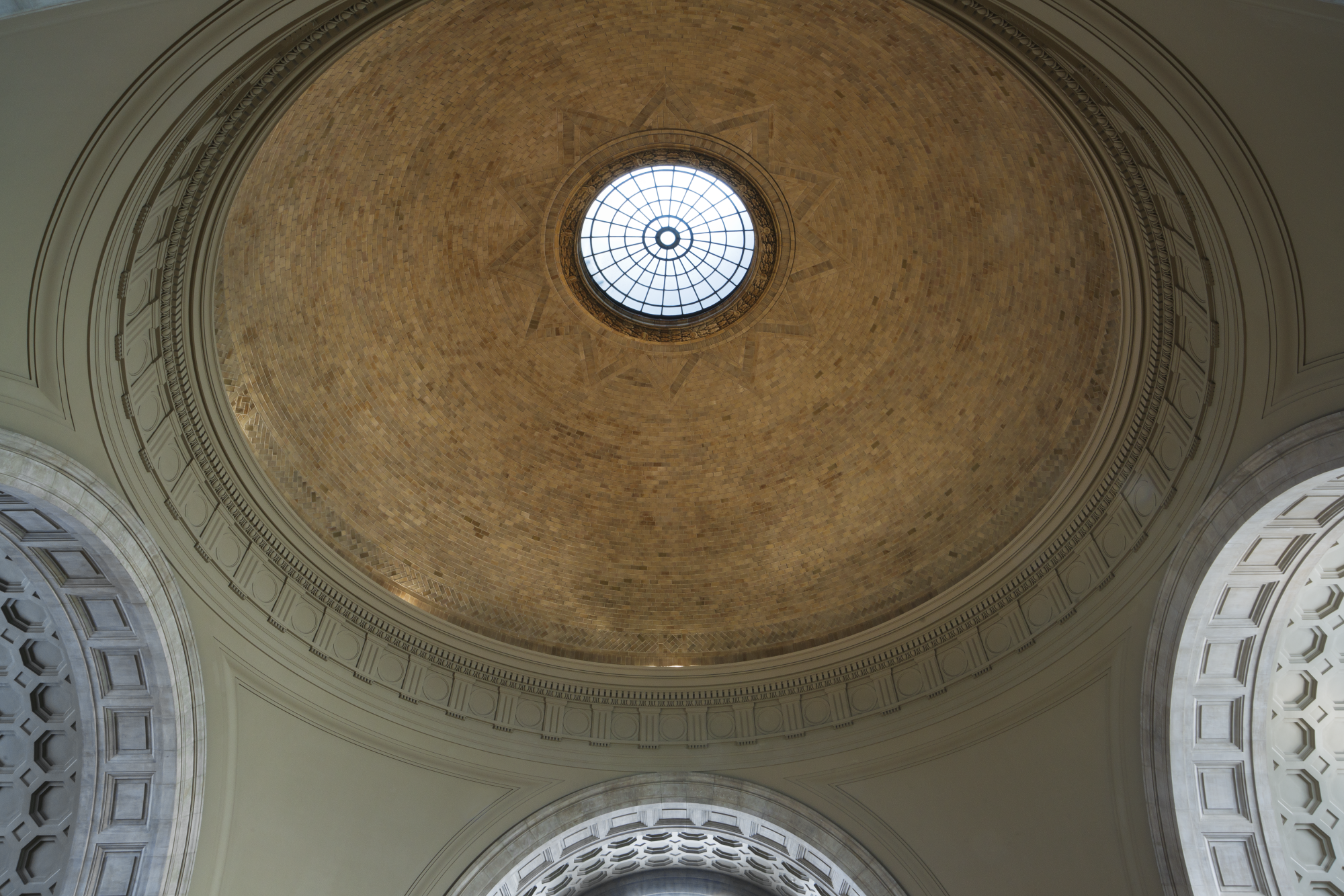 Detail image of the NMNH Rotunda dome skylight looking up from the interior.