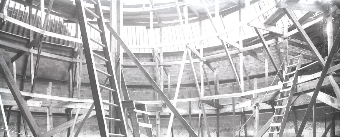 Section image of the Rotunda Dome under original construction showing wood bracing.