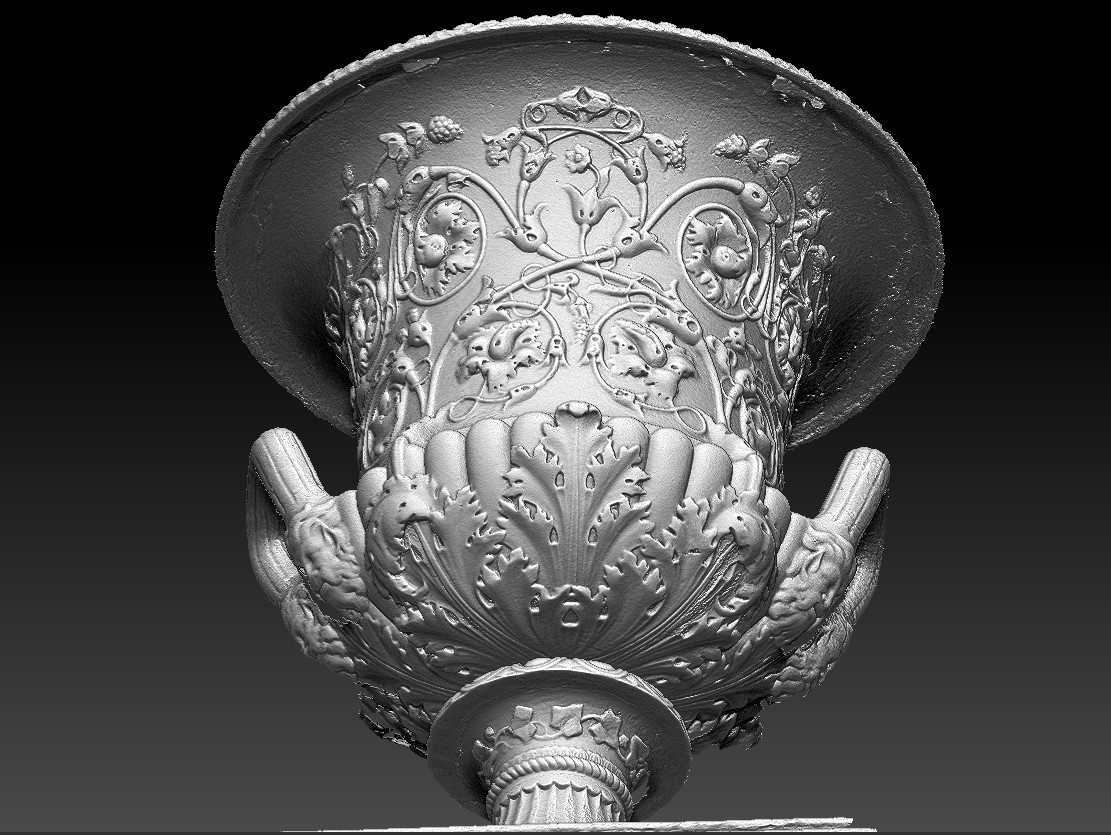 Silver rendered scan of the Downing Urn exterior.