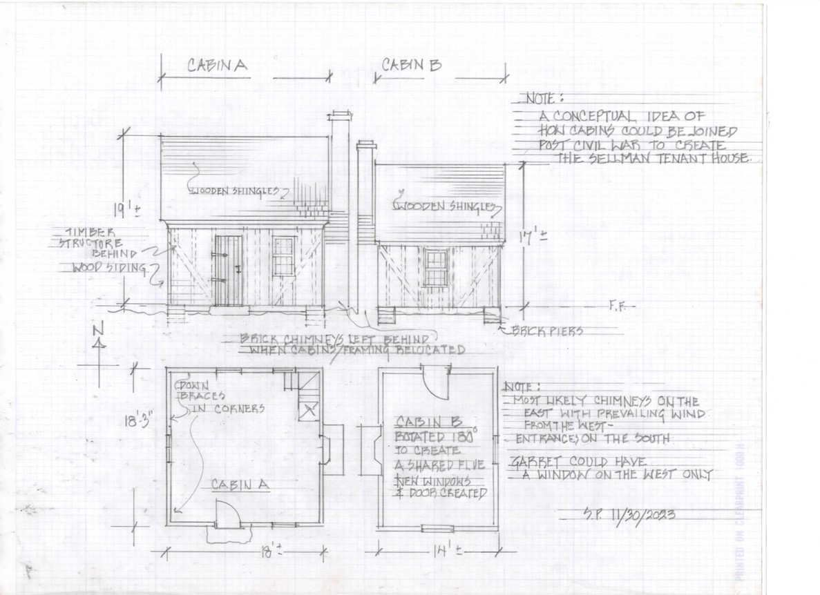 Hand drawing of the tenant house elevation and floorplan.