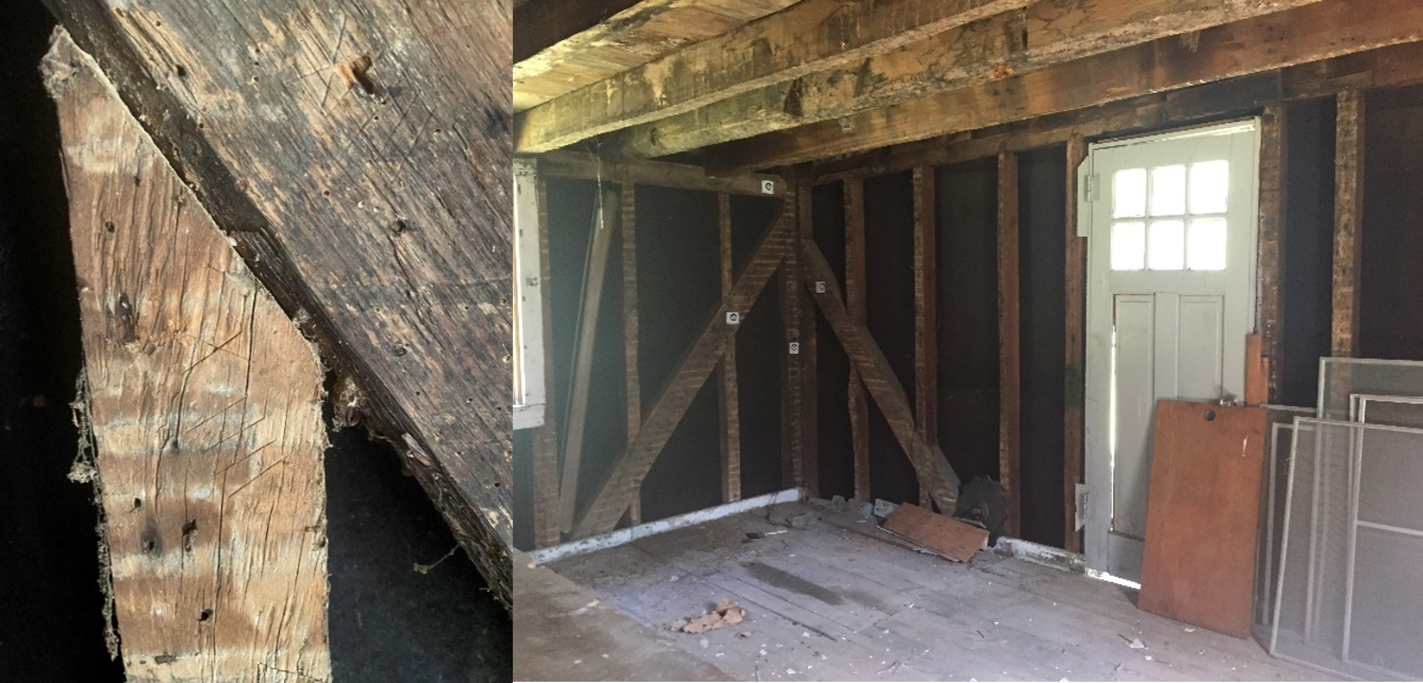 Detail image of hand hewn corner brace paired with context image of the entire room.