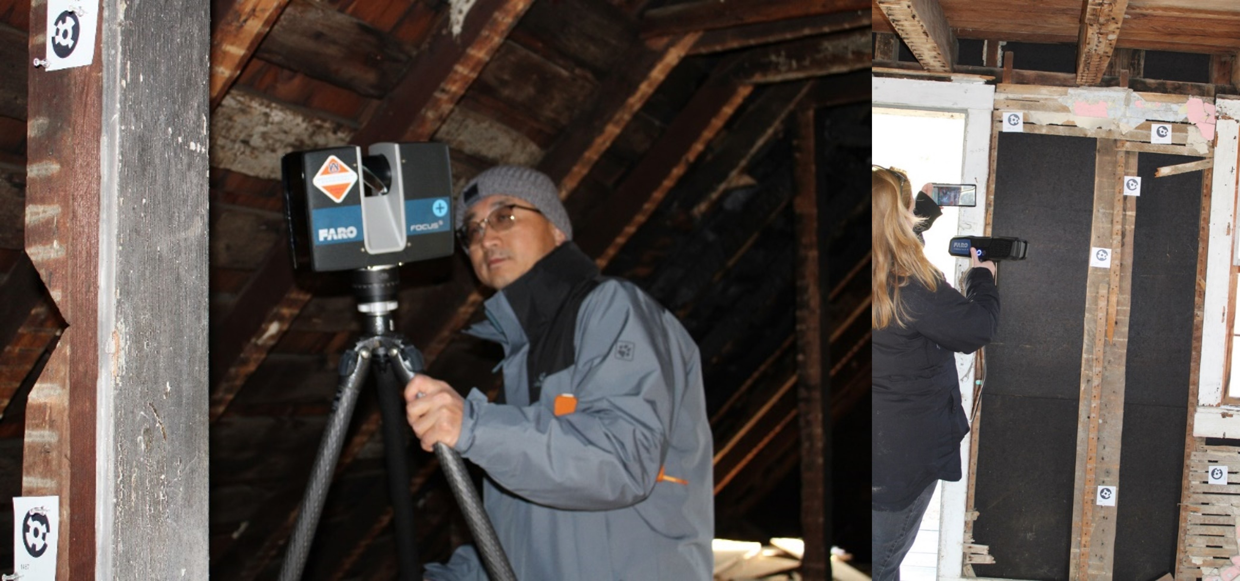 Two images of staff documenting the interior of the space.