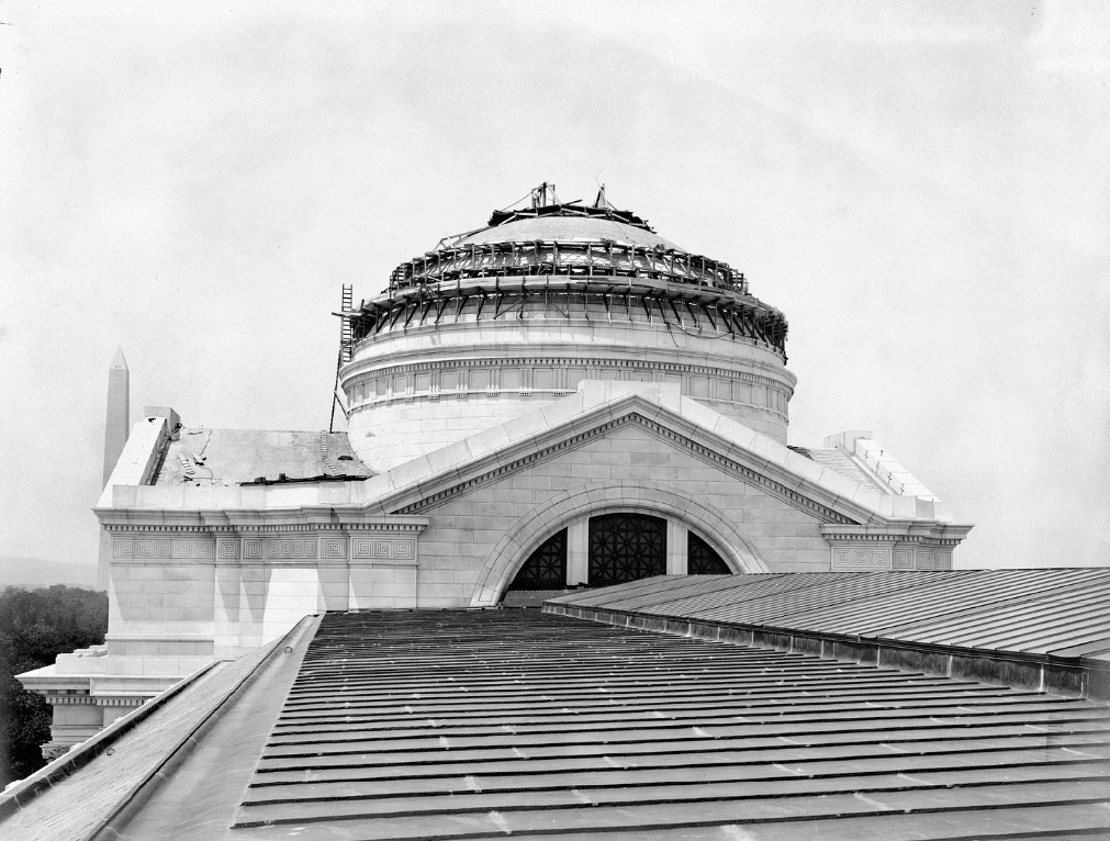 Image of the NMNH domed roof under construction taken from the east wing roof.