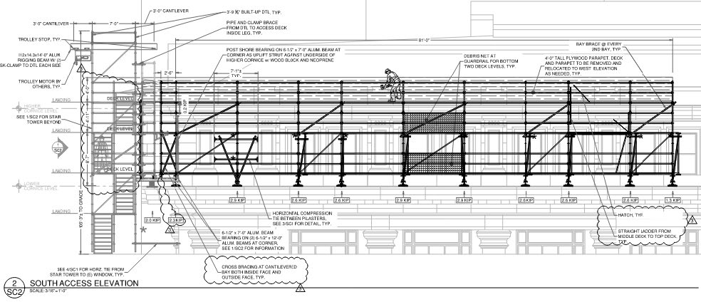 Section drawing of scaffolding on the exterior of a building.