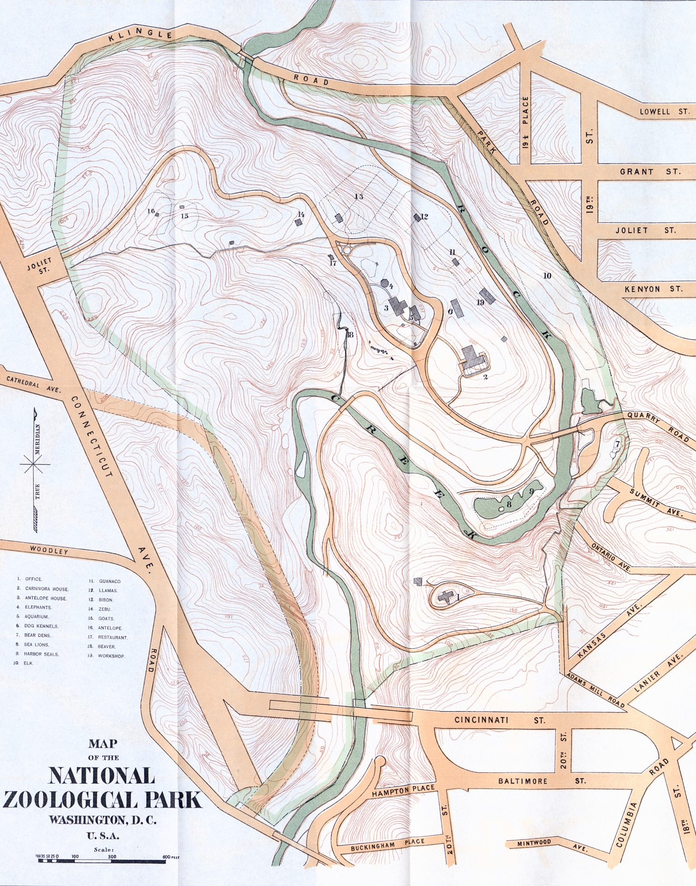 Drawn and typed map showing roads, buildings, and water.