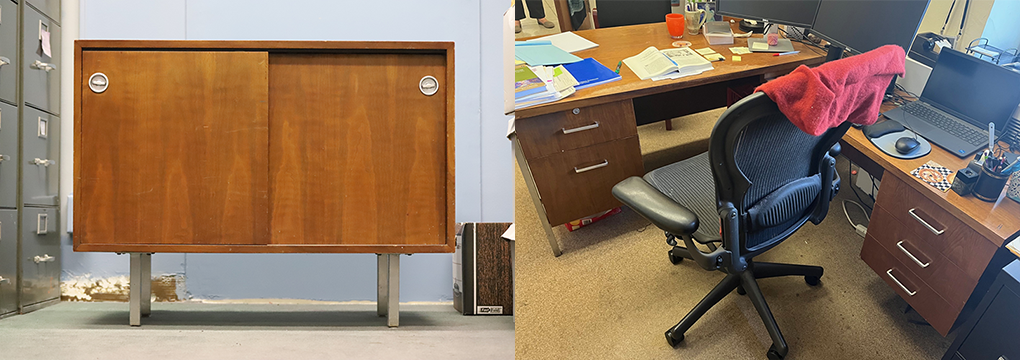 Two images. One of a credenza and a desk