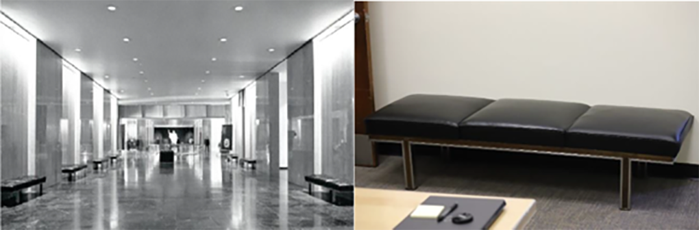 Two images of east-wing corridor and bench