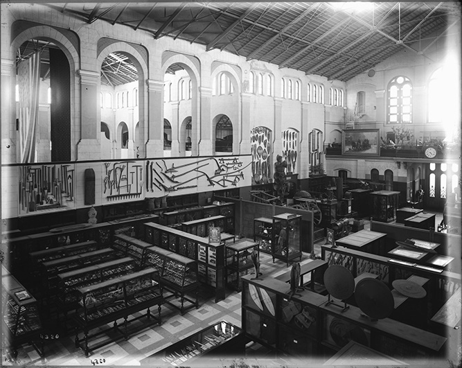 Black and white image of the East Hall of the Arts and Industries Building, c. 1885.