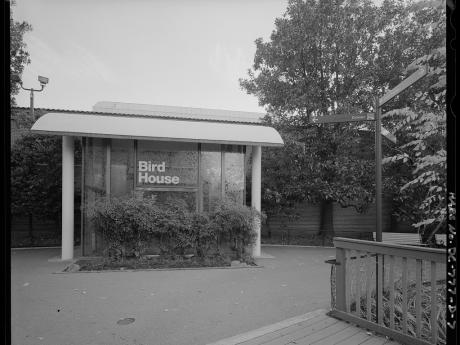 Photo of remodeled front entry pavilion of the Bird House from the 1970s.