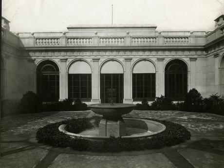 North elevation view of the historic Freer Courtyard in black and white.