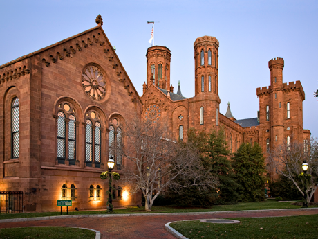 Exterior of the Smithsonian Castle at dusk
